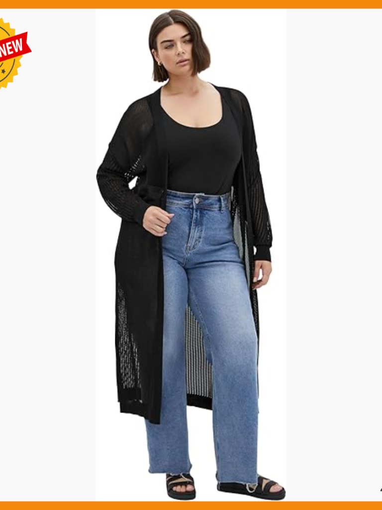 Plus Size Longline Cardigan, Stretch Knit, Open Front, Elbow Sleeves